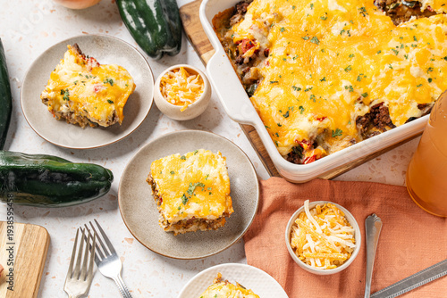 Quadro em tela American casserole. Hearty food with biscuits, beef, and cheese