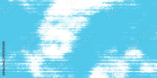 Futuristic blue sky with white halftone clouds. Dotted comic style. background design