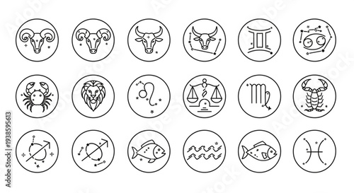 Collection of Zodiac Signs Astrology Symbols Icons Set.