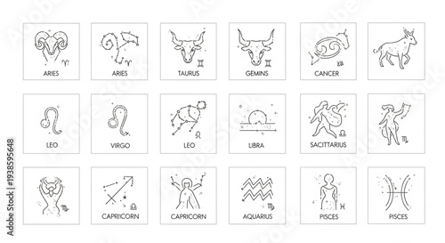 Collection of Zodiac Signs Astrology Symbols Line Art Icons.