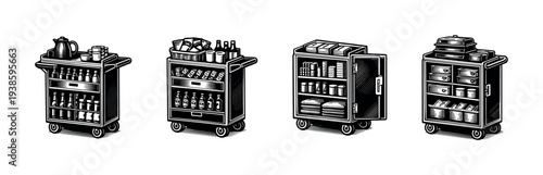 Black and white vector illustration of food and beverage service carts on wheels
