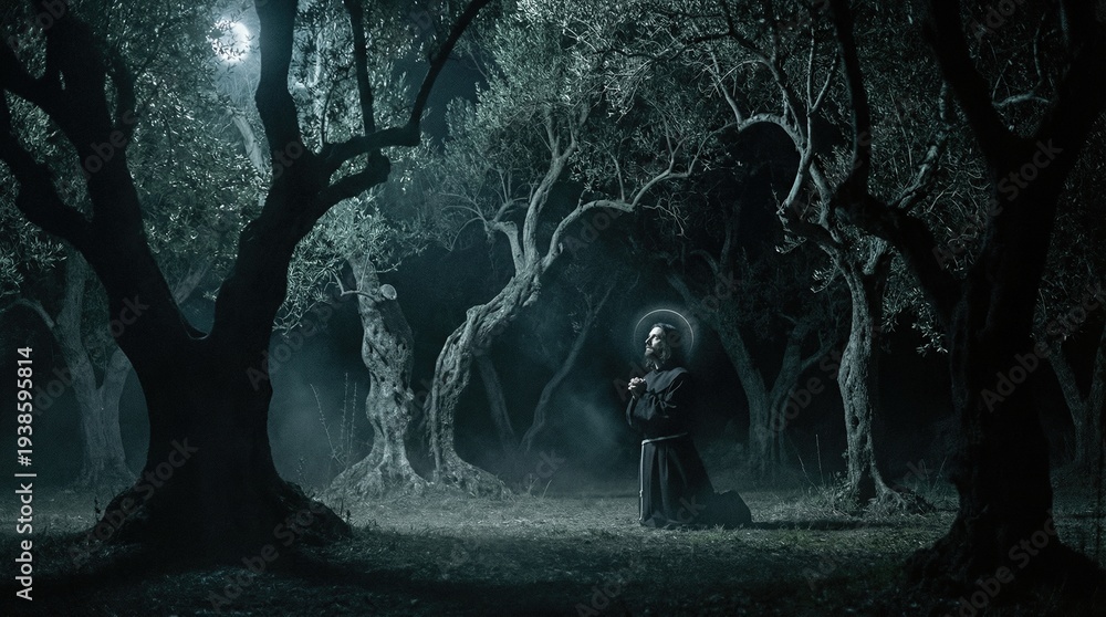 Obraz premium Man praying in an olive grove at night with a halo, representing a biblical scene in the garden of Gethsemane during Eastern.