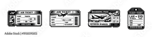 Vintage airline ticket and boarding pass vector set in black and white