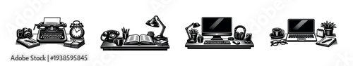 Vintage office workspace set silhouette vector illustration with desk items