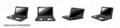 Set of black and white vector laptop illustrations in different angles