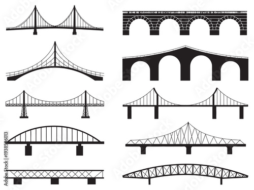Bridge Illustration Set, various bridge types isolated on white background, architectural vector designs, clean minimal style for urban and transport projects