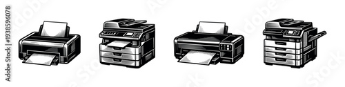 Vintage black and white printer illustrations set with various office printer models