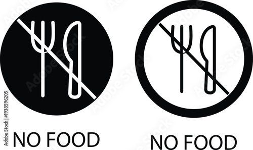 No food icons set prohibition meal symbol with fork spoon plate sign, forbidden eating rule pictogram for public places, restaurant safety notice vector illustration collection group