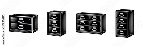 Set of vintage filing cabinets vector illustration in black and white silhouette style