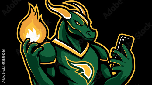 A green dragon illustration with a fiery torch in one hand, holding a phone in the other
