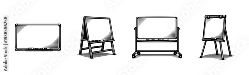 Set of hand-drawn black and white whiteboard and flipchart illustrations