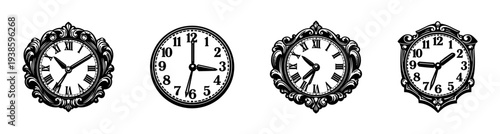 Vintage clock silhouette set with ornate frames and classic designs in black and white