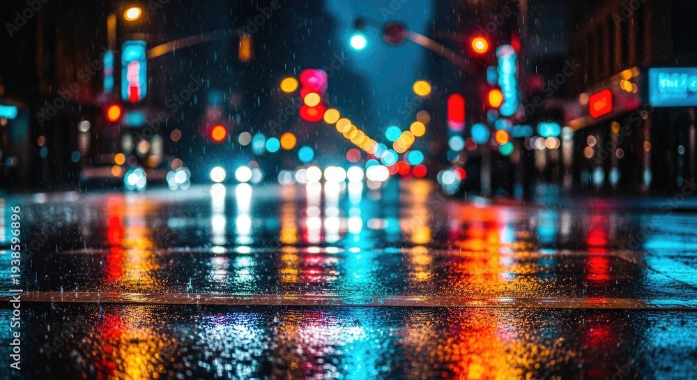 Fototapeta premium Rainy Night City Street Lights Reflections.