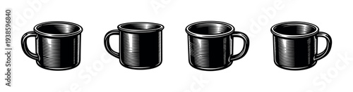 Black and white vector illustration of vintage coffee mug set silhouette