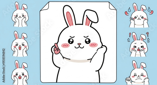 Cute White Bunny Expressing Various Emotions and Poses.