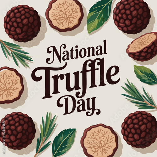 National Truffle Day lettering greeting poster with truffle illustration and green leaves