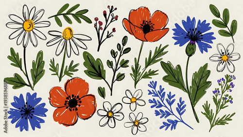 Set of colorful spring flowers with roses and tulips in a decorative floral vector pattern with leaves and blossoms perfect for nature themed design