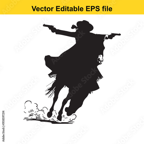 Cowboy Silhouette Riding Horse Firing Guns - Vector Illustration