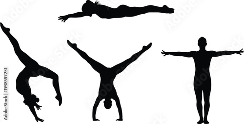 Gymnast silhouette, athletic pose, handstand split, dynamic flip, artistic balance, fitness training, acrobatic movement, performance art, body strength, graceful posture, flexibility