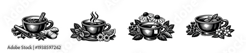 Black and white vector illustration of tea cups with botanical elements and herbs