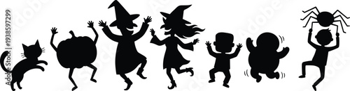 Halloween character silhouettes, dancing poses, spooky figures, festive vector, witch, ghost, monster, pumpkin head, spider, cat, creepy design, fun theme
