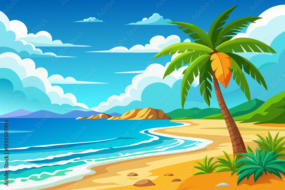Obraz premium Vector tropical beach background with palm tree