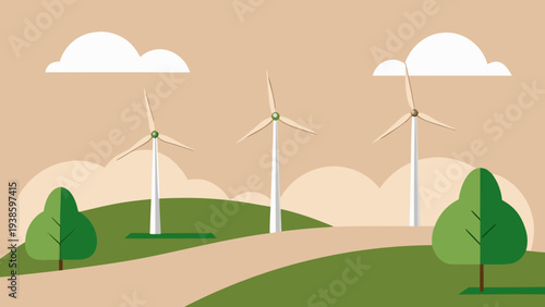 Vector illustration of wind turbines on a green hill
