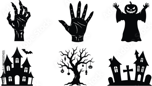 Halloween silhouettes, spooky vector, haunted house, zombie hand, graveyard scene, creepy tree, pumpkin head, horror design, scary elements, eerie art