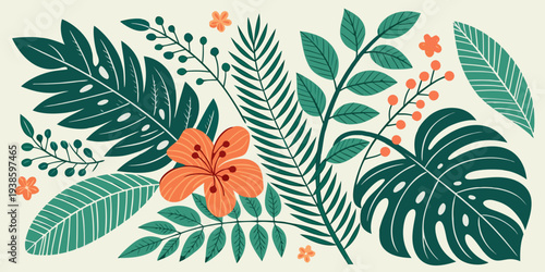 Tropical leaf and flower illustration vector