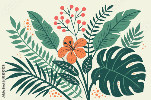 Vector tropical leaves and flowers illustration