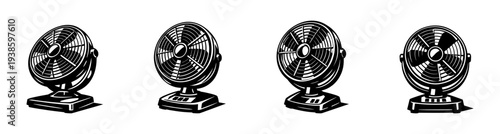 Vintage electric fan illustrations set black and white vector clipart silhouette design