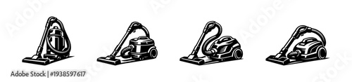 Black and white vacuum cleaner vector illustrations set of four designs