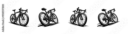 Silhouette illustration of four racing bicycles set in black and white vector style