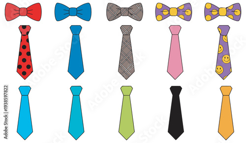 Necktie And Bow Tie Vector Set, collection of colorful fashion accessories, formal wear icons, isolated illustration design elements for clothing designs