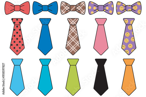 necktie, bowtie, tie, fashion, accessory, clothing, formal, wear, apparel, outfit, style, dress, elegant, business, professional, colorful, wardrobe, collection, set, icon, symbol, isolated, white, ve