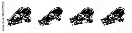 Black and white skateboard silhouette set featuring four skateboards in motion