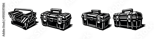 Black and white vector illustration of toolboxes silhouette set