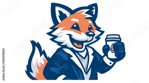 A cartoon fox wearing a blazer smiles holding a coffee cup. White background