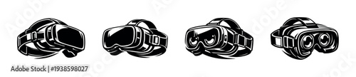 Virtual reality headset collection vector silhouette black and white illustration