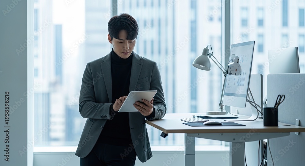 Fototapeta premium Young Asian businessman using a digital tablet in a modern office setting.