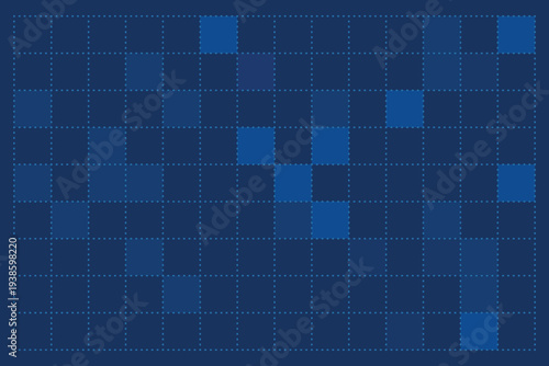 Dark blue pixel grid pattern with scattered square mosaic accents. Seamless geometric background designed for digital texture and modern surface design. Clean vector tile layout ideal for wallpaper, f