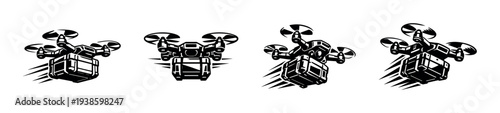Black and white vector illustration of delivery drones in flight silhouette style