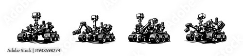 Mars rover illustrations set in black and white silhouette style