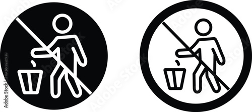 No littering icons set prohibition trash symbol with person throwing garbage in bin sign, forbidden waste rule pictogram for public places, environmental safety vector illustration collection group