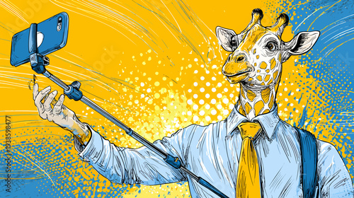 A giraffe in a shirt and tie taking a selfie with a selfie stick against a colorful background