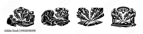 Robotic surgery illustrations, black and white silhouette medical vector set