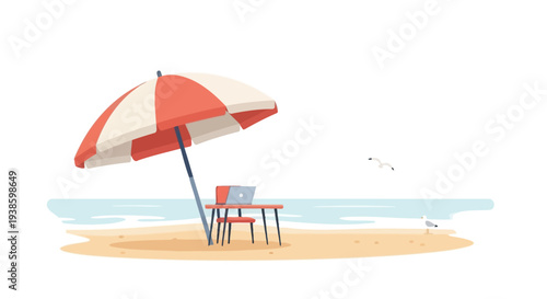 Beachside desk with laptop and umbrella, perfect for remote work or a relaxing vacation by the sea