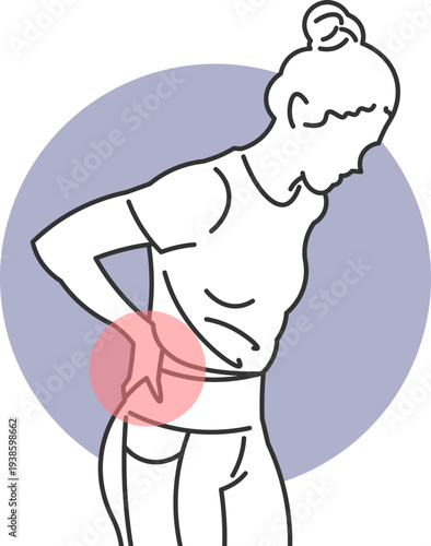 Woman experiencing lower back pain, holding her lower back