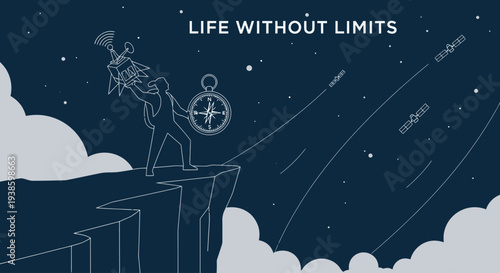 Concept of limitless exploration and boundless adventure symbolized by a person on a cliff edge holding a compass and telescope
