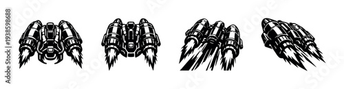 Futuristic rocket thrusters in black and white silhouette illustration set